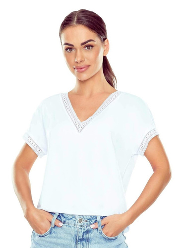 Elegante blusa da donna Flaviana Eldar bianca | Nastro traforato, scollo a V, viscosa elasticizzata | Ideale per uno stile casual