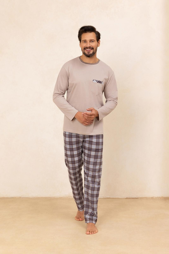 Regina 488 - pigiama uomo beige a maniche lunghe in cotone, taglio classico