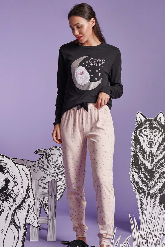 Shearly Pigiama da donna Sorbetto nero - 100% cotone, applicazioni 3D, pantaloni con coulisse