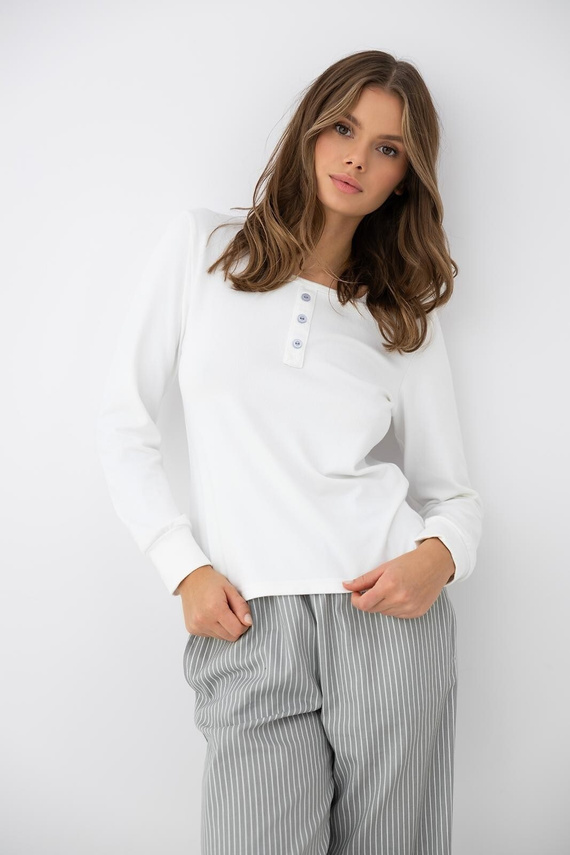 Sensis Salma pigiama donna ecru-grigia con manica lunga e pantaloni a righe