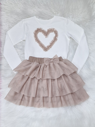 Mia Bambarillo camicetta da bambina in cotone beige ecrù con cuore in tulle