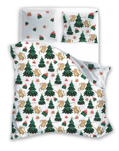 Holly Jolly 005 Faro Biancheria da letto natalizia bianco verde alberi di Natale - raso microfibra, set con zip