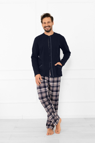 Pigiama da uomo Sambor - cotone, top con bottoni e pantaloni a quadri Moda italiana - blu navy/stampa