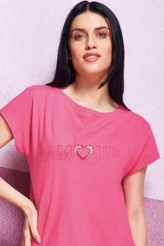 Oxksana Camicia da notte rosa - 100% cotone, cuore ricamato, pizzo e volant