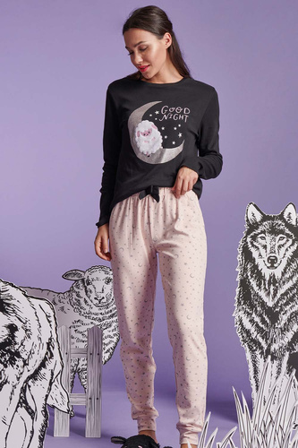 Shearly Pigiama da donna Sorbetto nero - 100% cotone, applicazioni 3D, pantaloni con coulisse