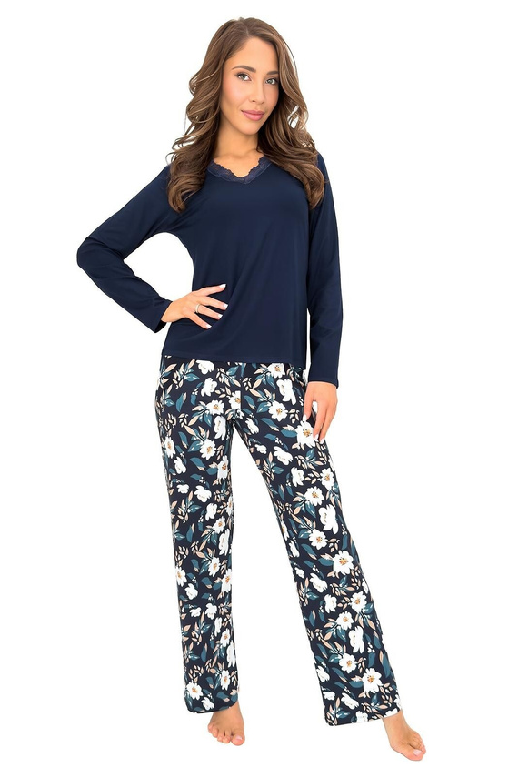 Donna Irene Long pigiama donna in viscosa blu navy con pizzo e fiori