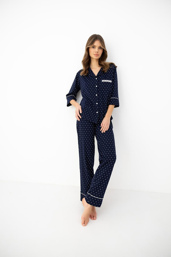 Pigiama donna Sensis blu navy 100% cotone colletto bottoni manica 3/4