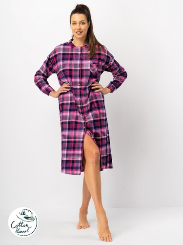 Camicia da donna Key LND 490 in flanella di cotone fucsia, manica lunga, bottoni