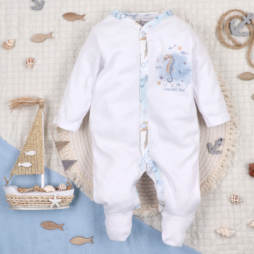 ABN-5451 Pagliaccetto per neonato Sea Of Joy Nini bianco - cotone organico, chiusura con bottoni a pressione