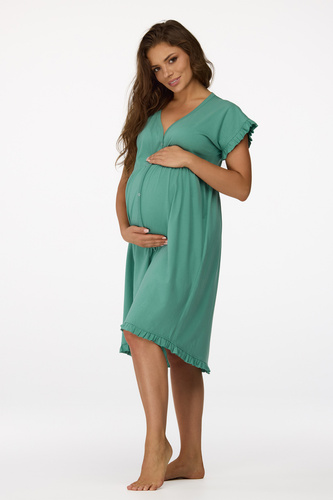 no. 23 Camicia da notte per la gravidanza Senizo verde - 100% cotone, manica corta, allattamento con bottone