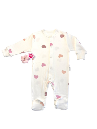 Tutina per neonato Mamatti PA15040 - bianca con cuori, in cotone, con bottoni a pressione