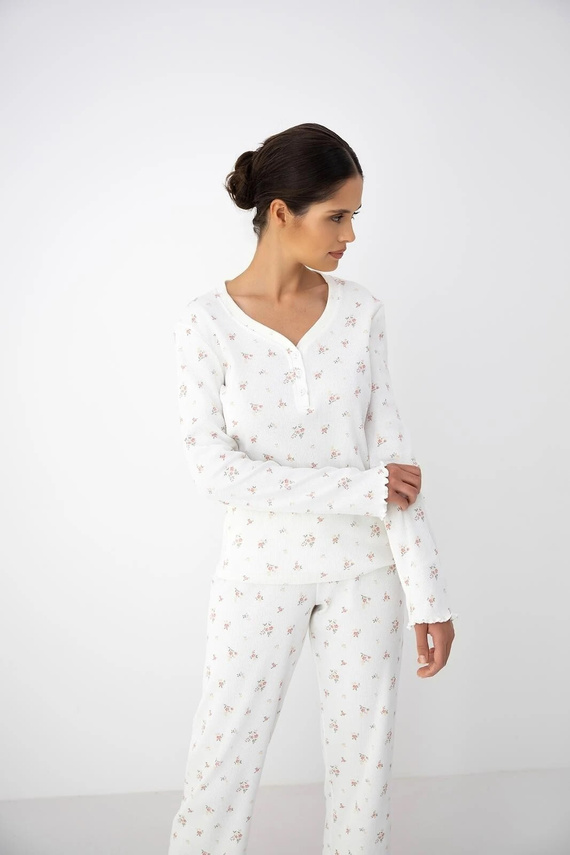 Pigiama donna Sensis Vida ecru in cotone con fiori, manica lunga e pantaloni