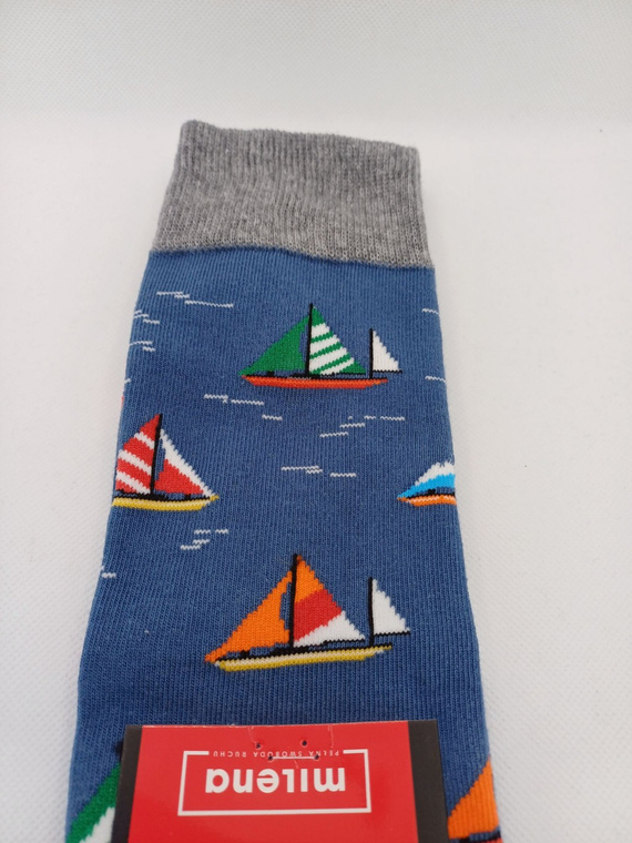 Milena Avangard 0125-117 - Calze da uomo in cotone "Sailboats" - Produzione polacca - denim