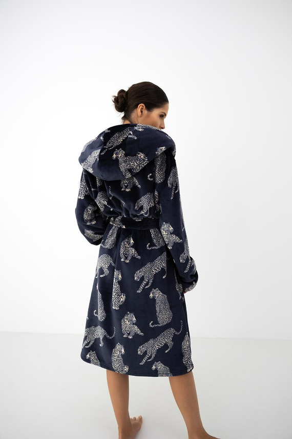 Accappatoio donna Sensis Vespera blu scuro con cappuccio lungo con stampa animalier