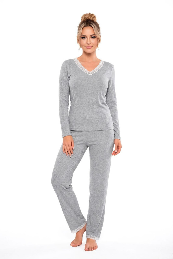 Donna Megi Long Pigiama Donna Grigia Manica Lunga e Pantaloni Pizzo