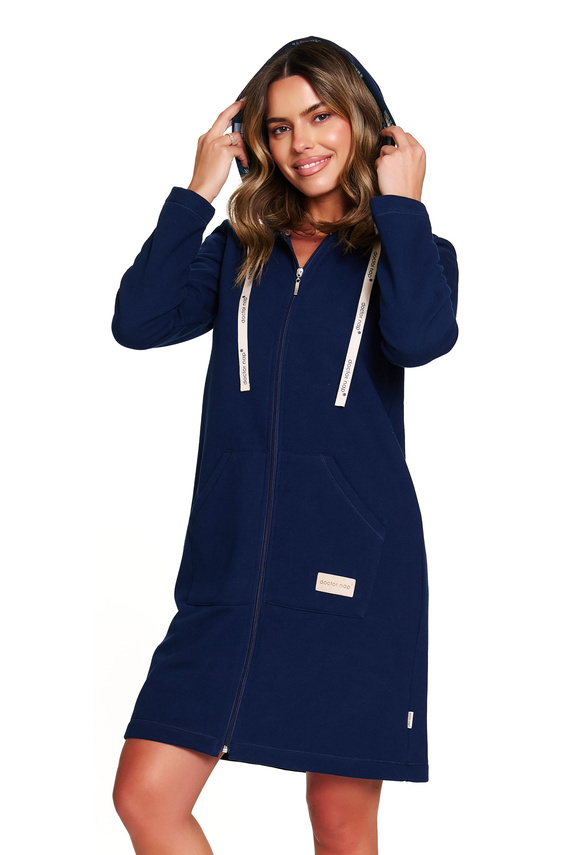Doctor Nap 7364 - Vestaglia da donna in cotone con cerniera e cappuccio | 100% cotone, lucidata - blu navy