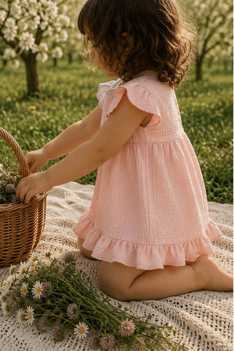 Mamatti SA50406 Vestito Bambina in Mussola Rosa Leggero e Traspirante