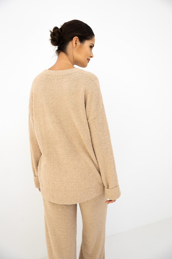 Completo donna Zerina beige Sensis – morbido bouclé, scritta AMORE, pantaloni comodi