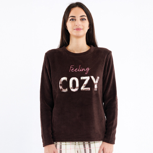 Pigiama marrone Liliana Sorbetto - caldo pile a quadri con ricamo