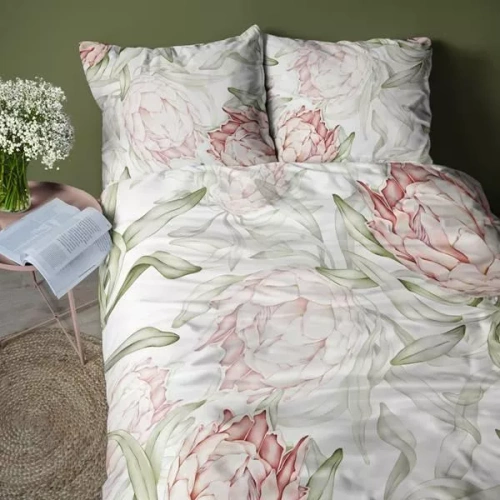 5431 Una biancheria da letto in microfibra 3D con grandi fiori e foglie di protea - Detexpol