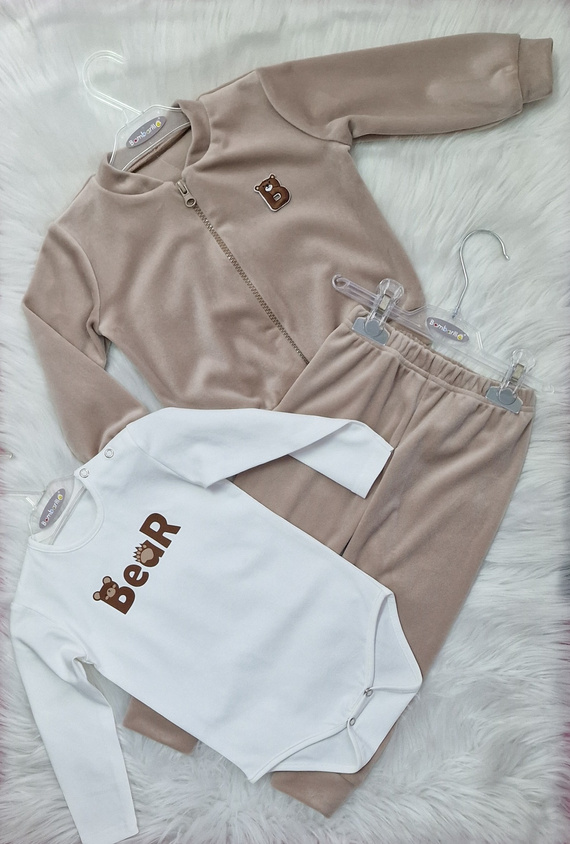 Orso tuta in velluto per bambini Bambarillo beige | Set morbido