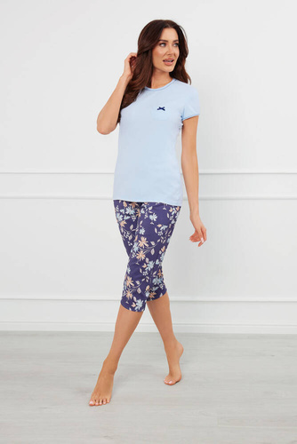 Pulia Pigiama da donna a maniche corte, pantaloni 3/4 Moda italiana - blu/stampa