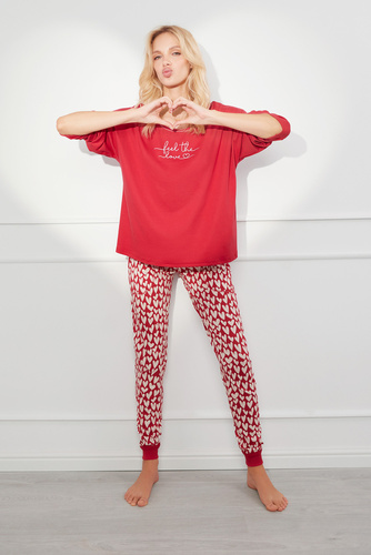 Evora Pigiama donna manica lunga, pantaloni lunghi Moda italiana - rosso/stampa