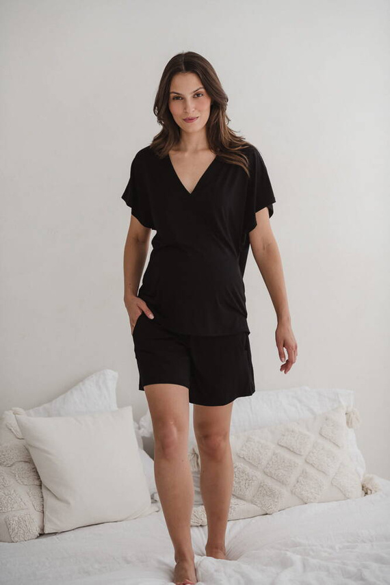 Moon bambusowa bluzka od piżamy ciążowej do karmienia krótki rękaw Milk&Love czarny