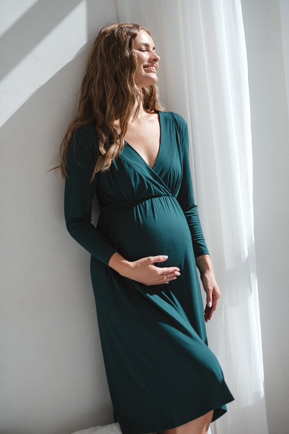 Star Light Camicia da notte in bambù per gravidanza e allattamento 7/8 Milk&Love verde bottiglia - traspirante, per l'ospedale, confortevole per l'allattamento al seno