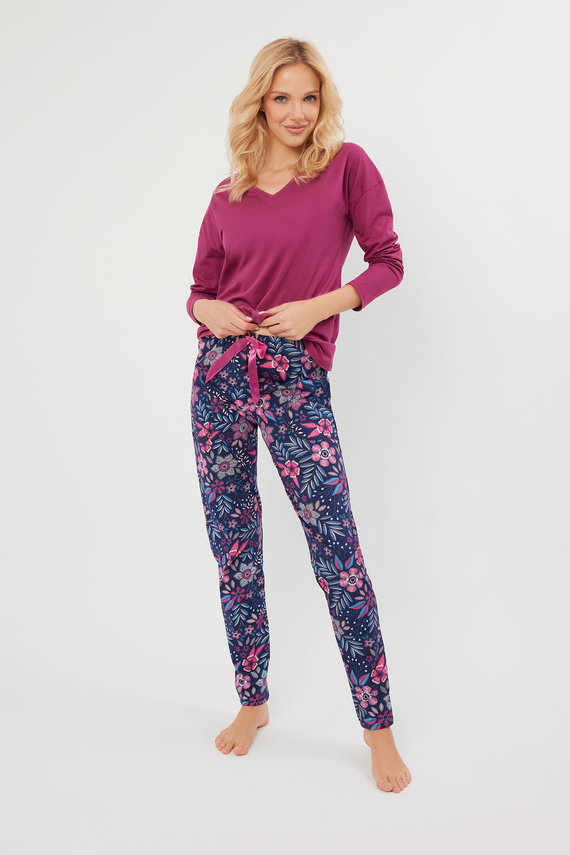 Pigiama donna Folk manica lunga, pantaloni lunghi Moda Italiana - mora/stampa