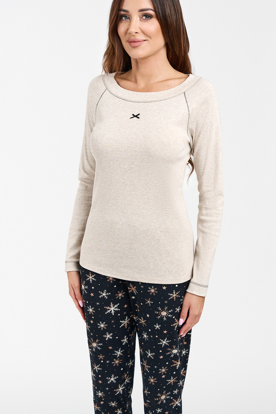 Denali Pigiama donna manica lunga, pantalone lungo Moda Italiana- beige melange/stampa
