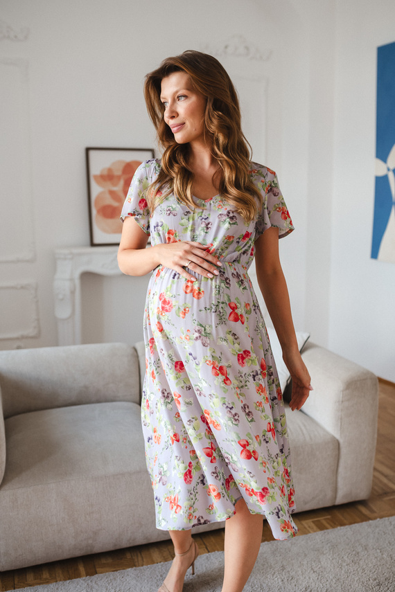 Lovely Dress Midi Milk & Love Abito Premaman e Allattamento Azzurro con Frutta