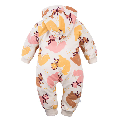 Tuta da ginnastica Fluffy Tails Eevi per bambini - ecru, con cappuccio e stampa autunnale