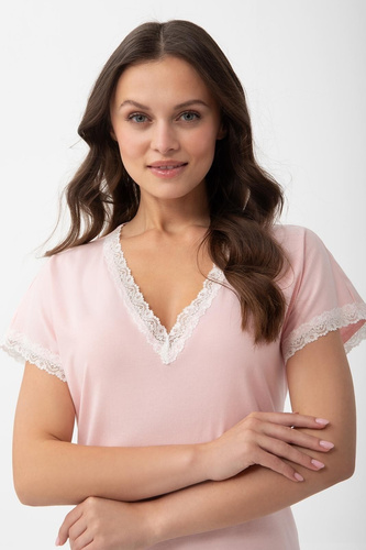 1004 Luna Camicia da Notte Donna in Cotone con Pizzo e Scollo a V