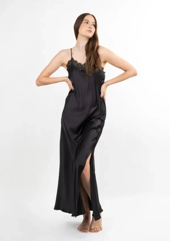 Rut raso slip lungo nero Dkaren | elegante senza spalline notte slip