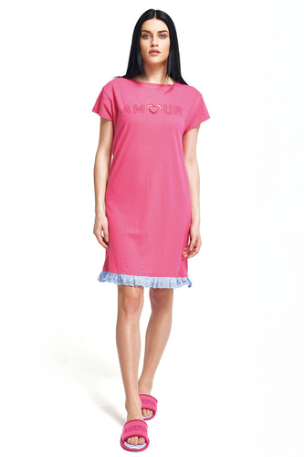 Oxksana Camicia da notte rosa - 100% cotone, cuore ricamato, pizzo e volant