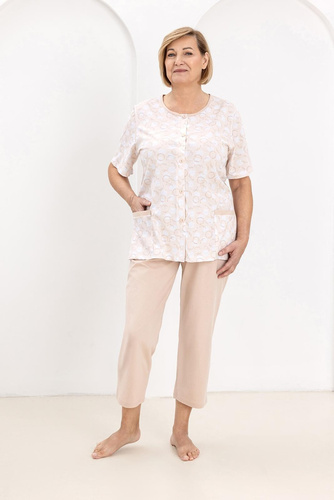 Pigiama 738 Regina beige - camicia donna in cotone con collo aperto e tasche, pantalone 7/8