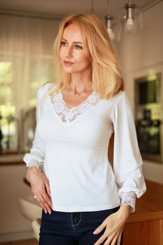 Mirale Harper Blusa Donna in Viscosa con Pizzo, Scollo a V, Maniche a Sbuffo - ecru