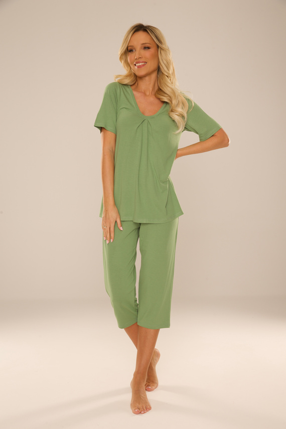 878 Dahlia Pigiama da donna De Lafense - viscosa, manica corta, pantaloni 3/4 - salvia