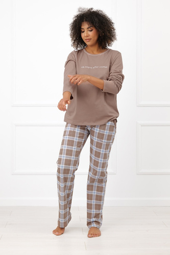 Pigiama donna Italian Fashion Delma 100% cotone pantaloni lunghi a quadri cappuccino