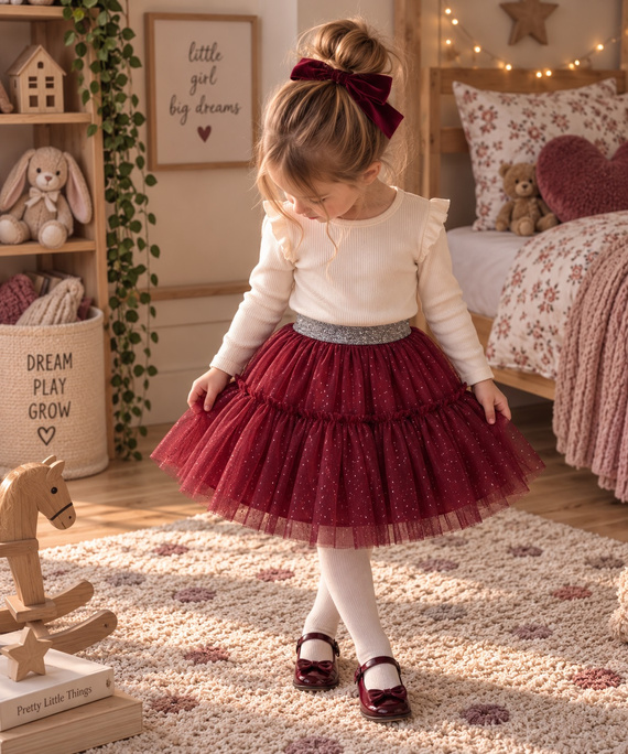 Gonna bambina bordeaux ST120 in tulle morbido metallizzato con elastico in vita