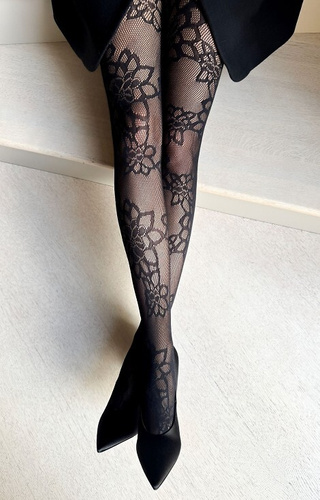 Francesca Veneziana collant nero - cabaret con motivo floreale, elegante ed elasticizzato