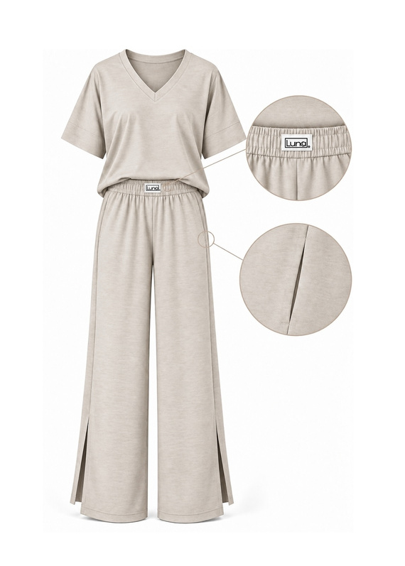 Luna 1314 pigiama donna oversize beige 100% cotone pantaloni larghi