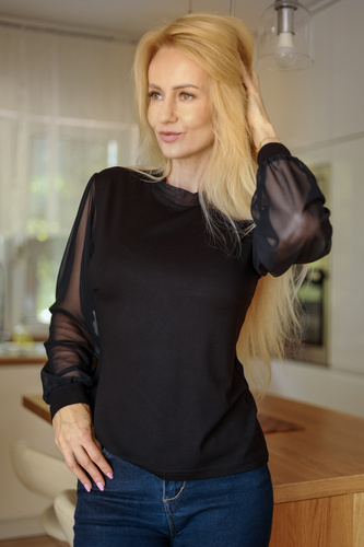 Mirale Freya Blusa Donna in Viscosa con Maniche in Tulle e Collo Alto Elegante - nera