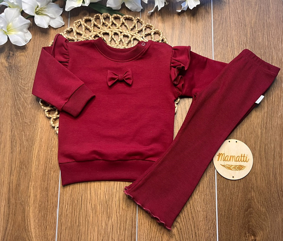 Mamatti DR720 tuta da ragazza in cotone bordeaux felpa con fiocco pantaloni a zampa