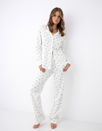Pigiama donna Sensis Monroe con apertura, 100% cotone interlock, motivo fiocchi di neve