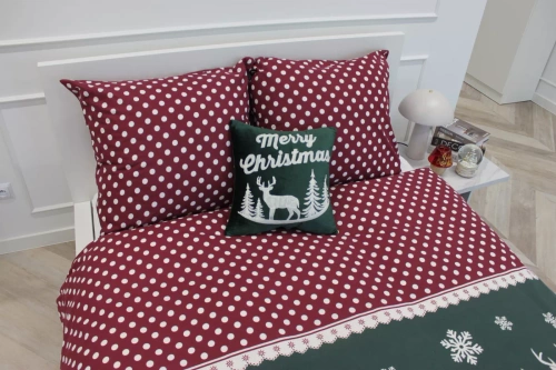 Xmass Biancheria da letto natalizia in cotone Spod Igły i Nitki - renna a scacchi rossi piselli verdi, set con cerniera, 100% cotone