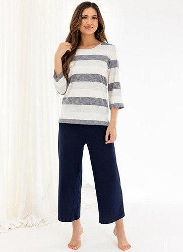 719 Pigiama da donna Regina blu navy - viscosa e cotone, manica 3/4, pantaloni 3/4