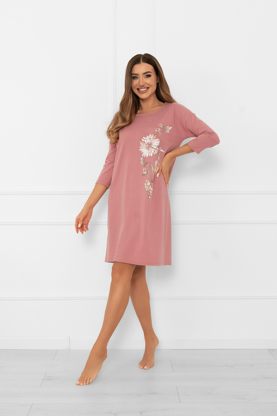 Camicia da notte da donna Akita - cotone, manica 3/4, applicazione floreale Moda italiana