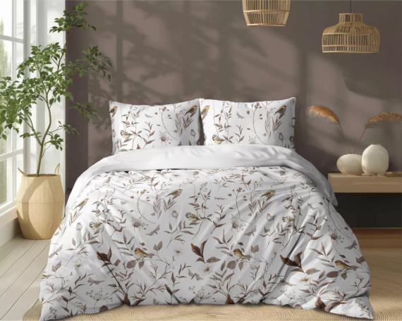 5500 B Biancheria da letto in cotone bianco con rami e uccello beige Naturalis- Detexpol